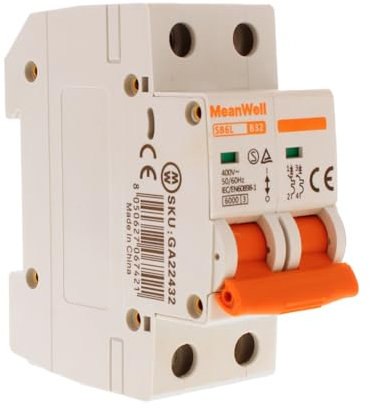 MeanWell Interruttore Magnetotermico Curva B, MCB 2P B32 32A 6kA 220V, Occupa 2 Moduli DIN