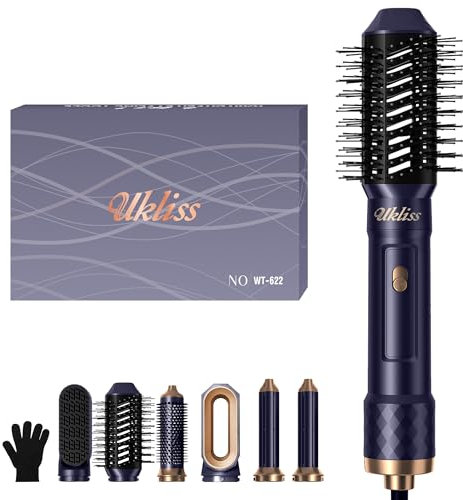 UKLISS Airstyler & Secador Pelo Ionico 6 en 1, Moldeador de Pelo con Automático Rizado de Aire Thermal Brush Cepillo Alisador Secado Rápido Hair Dryer, Regalos para Mujeres (Azul)