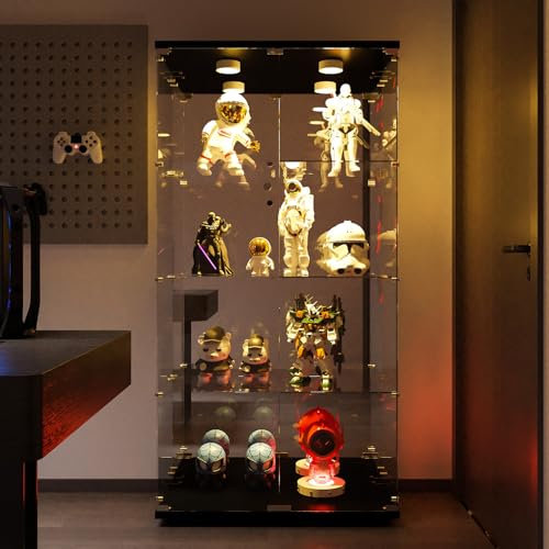 TEOSTWF Elegante Glasvitrine mit 4 Ebenen, Doppeltür und LED-Beleuchtung - 163,8 x 80,5 x 36,6 cm, Schwarz