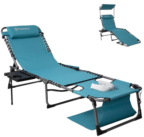 FUNDANGO 4 in 1 Tanning Chair with Face Hole, Beach Lounge Chair w/Canopy Shade & Side Table Chaise Lounge Chairs for Patio, Pool, Lawn, Sunbathing, 5-Position Adjustable Sun Lounger, Cyan