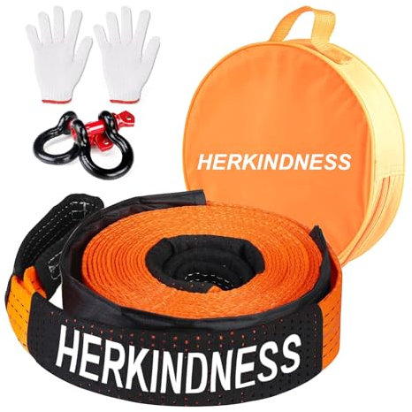 HERKINDNESS Corde de Remorquage Voiture, 10 Tonnes (22 046 LB) Corde Remorquage Voiture 5 M X 5 CM, avec 2 Manilles, Gants et Sac de Rangement, Pas Facile à Casser, Nouveau Style