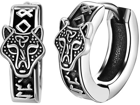 JewelryWe Wikinger Creolen Ohrringe Herren: Edelstahl Nordische Runen Wolf Wolfskopf Creolen Huggie Hoop Ohrringe Viking Amulett Schmuck Geschenk für Männer Frauen Silber