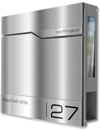 Metzler Briefkasten mit Sichtfenster und Zeitungsfach, hochwertigem Stahlkorpus & gebürsteter Edelstahlfront, personalisiert mit Edelstahl Namensschild, Postkasten wasserdicht mit Fenster | Siebert SF