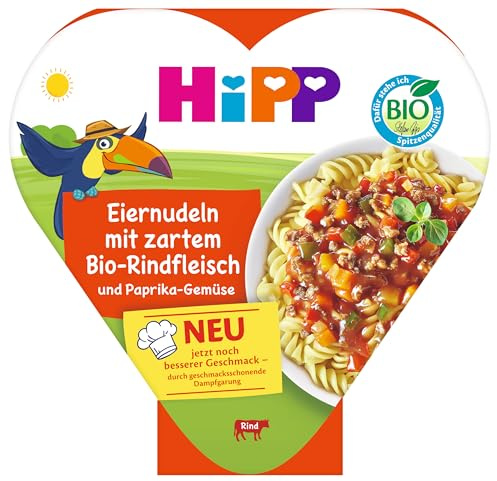 HiPP Bio Eiernudeln mit zartem Bio-Rindfleisch und Paprika-Gemüse (6 x 250g), Kindermenü ab 1 Jahr, schonend dampfgegart, kindgerecht gewürzt