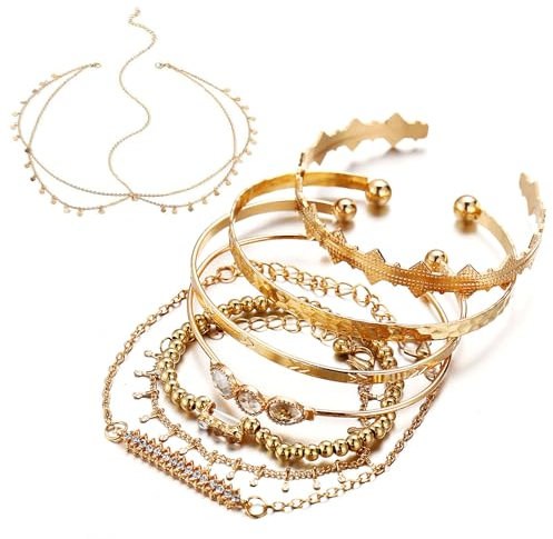 Guyode 8 Stück Armband Set und 1 Stück Kopfkette Gold Kopfschmuck Gold mit Runde Pailletten Einstellbar Böhmisches Schmuckset Piraten Schmuck Damen für Cosplay Karneval Halloweenparty