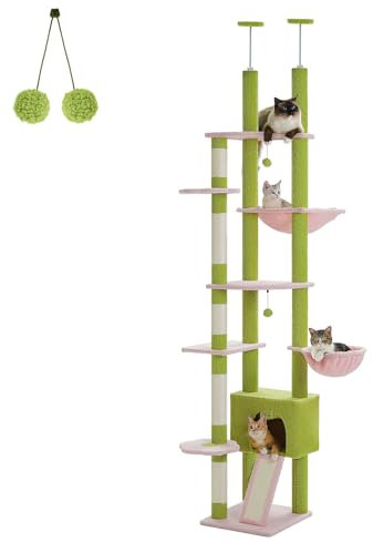 PAWZ Road Hoch Katzenbaum, Deckenhoher Katzenbaumturm verstellbar mit Katzenhöhle, Katzenhängematte und Kratzbaum, Kletterbaum für große Hauskatzen, Rosa