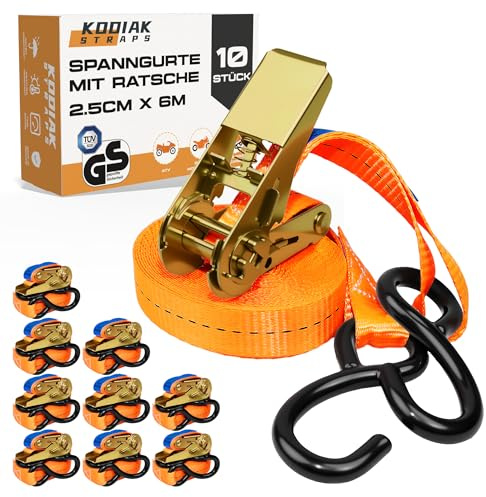 10 Cinghie di Tensione 6m x 800kg con Cricchetto e Ganci-S - Cinghie a Cricchetto da 25mm - Cinghia Arancione per la Sicurezza del Carico - Certificato TÜV/GS e secondo DIN EN 12195-2 - KODIAK STRAPS