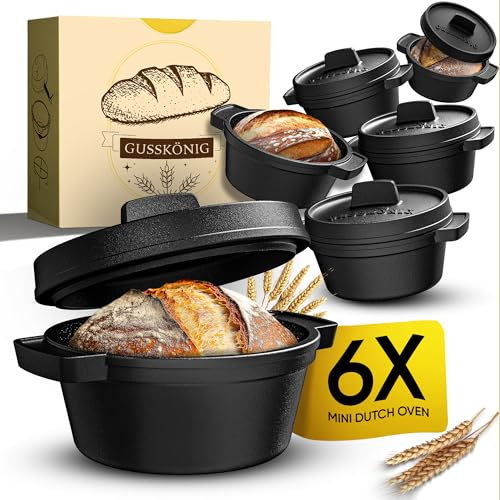 GUSSKÖNIG Mini Gusseisen Brotbackform Set – 6x 300ml Brotbacktopf mit Deckel – Eingebrannte Mini Dutch Oven zum Brotbacken – Kleine Gusseisentöpfe für Mini-Brote inkl. Rezeptbuch - 30 Jahre Garantie
