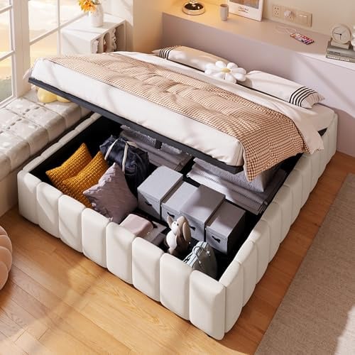 Polsterbett Doppelbett 140x200 cm, Plattformbett, Hydraulik Stauraumbett | Jugendbett Erwachsenenbett, Bettgestell ohne Kopfteil, Leinen, Beige, ohne Matratze