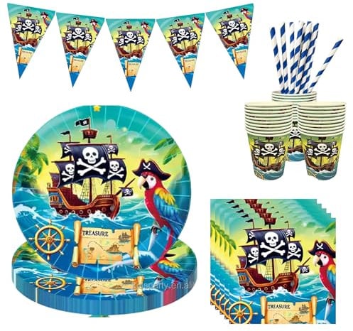 Piraten Party Set 56 PCS für 10 Kinder – Geburtstag Deko mit Tellern, Bechern, Servietten, Wimpelkette & Trinkhalmen – Kindergeburtstag Einweg Deko Jungen & Mädchen – SpaßTruhe