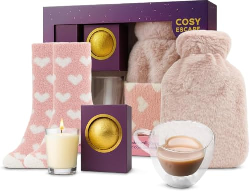 Topline Cosy Escape Gift for Her – Luxury and Sweet Hot Water Bottle Hamper for Women – Pamper Presents for Birthdays, Christmas & Any Occasion – Women’s Gift Set with Ultra-Soft Socks, Chocolate Bomb