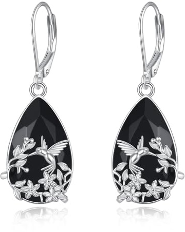 URONE Kolibri Schwarze Onyx Ohrringe 925er Sterlingsilber Kolibri Blumen Vintage Tropfen Ohrringes Tier Schmuck für Damen