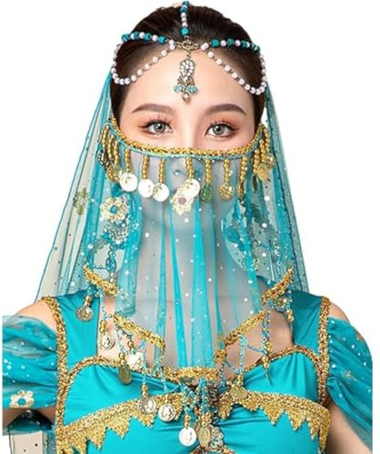 Damen Bauchtanz Tribal Gesichtsschleier Chiffon Mysteriöser Gesichtsschleier mit Pailletten Perlen für Bauchtanz Kostüme Retro Indian Dance für Performance (Blau)
