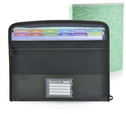 Office Box - Schulranzen-Set: Sichtordner mit 12 Fächern und Fronttasche + 80 Aufklebern mit Reißverschluss + Ordner mit 4 Ringen 40 mm - Colorline (Schwarz + Ringordner)