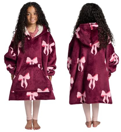 OHS Bow Print Oversized Blanket Hoodie for Teen Girls Hooded Blanket Super Soft Warm Sherpa Fleece Throw Wearable Blankets Sweatshirt Big Pocket Oversized Hoodie, Burgundy/Pink