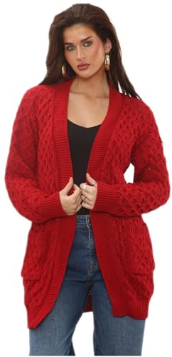 Stylo Online Ladies Chunky Cable Knit Cardigan Long Sleeve Open Front Sweater with Pockets Casual Oversized Knitwear Soft Acrylic Jumper Autumn Winter Spring Layering Coatigan