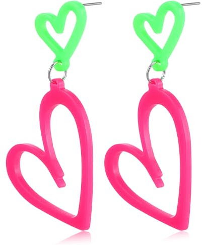 LXUEJIE 1 Paar Neon Ohrringe Damen, Retro Herz Ohrringe Acryl Tropfenohrringe Herz Creolen 80er Jahre Party Ohrringes für Mottoparty Kostüm Party Maskerade Partyzubehör