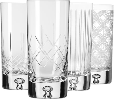 Krosno Water Glasses Set of 4-300 ml Different Handcrafted Cut Design - Crystal Drinking Tumblers for Juice and Cocktails - Saga Collection