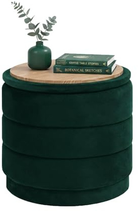 Bonlife Storage Ottoman Round - Folding Foot Rest with Hidden Storage, Bottle Green Velvet 39x39x37cm for Living Room, Bedroom & Hallway