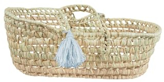 Kikadu kleiner Puppenkorb aus Palmblätter, handgeflochtene Puppentragetasche in Blau 35 × 15 × 12 cm, natürliches Puppenbett & Tragetasche für Puppen & Kuscheltiere, nachhaltiges Spielzeug ab 3 Jahren