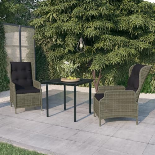 Yunovire 3-TLG. Garten-Essgruppe Braun, PE-Rattan & Stahl, verstellbare Sessel mit Kissen, 80x80cm Glastisch, für Garten, Terrasse, Balkon, Essbereich außen