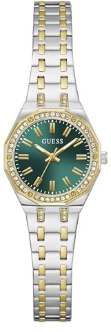 Guess Damen Armbanduhr GW0931L8 Pixie, 25 mm Edelstahl Bicolor PVD, grünes Zifferblatt, Quarz, Mineralglas, Zirkonia, 3 ATM, Gliederarmband