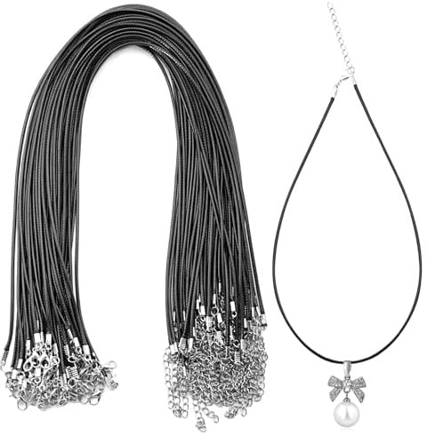 50 Pezzi Cordoncino per Collane Fai da Te Cordino Nero in Cotone Cerato da 1.5mm con Chiusura a Moschettone Catena Regolabile per Creazione Gioielli Pendenti e Braccialetti Creativi