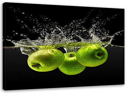 Feeby, Leinwandbild, Bilder, Wand Bild, Wandbilder, Kunstdruck 80x120cm, Apfel, Essen, Wasser, GRÜN, SCHWARZ
