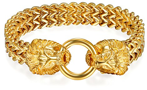 Flongo Herren Löwe Armband Edelstahl: schwarz silber gold Wikinger Schmuck Charms Cuban Kette mit Löwenkopf Lion Head Löwen Armkette retro biker Geschenk für Männer Damen breit Weihnachten