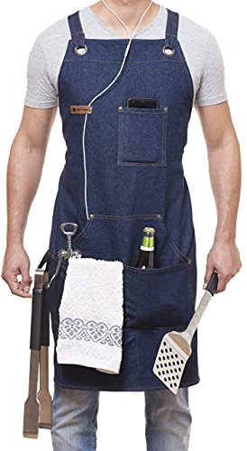 ARAWAK BRAVE Distressed Denim schürze Chef-küche BBQ Grill Light Blue Handtuch Schleife + Quick Release Buckle + werkzeugtaschen einstellbare (Blaue Jeansschürze)