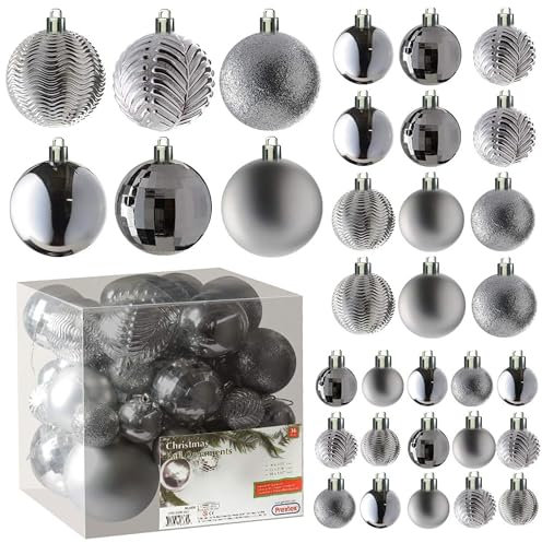Prextex Silver 36-Piece Shatterproof Glitter Balls, Christmas Tree Baubles, Exquisite Xmas Combo of 36 Christmas Balls and Shape Styles