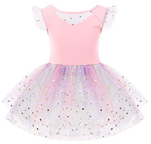IMEKIS Kind Mädchen Regenbogen Ballettkleid Fliegenhülse Pailletten Gymnastik Trikot Ballettanzug Tanzbody Tüll Tutu Einteiliger Ballerina Dancewear Kostüm Rosa 9-10 Jahre