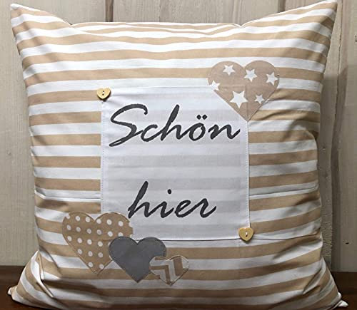 1 Kissenhülle, Kissenbezug,Landhausstil Kissen Schön hier beige/weiß gestreift mit Herzen NEUE KOLLEKTION