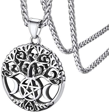 FaithHeart Collier Pentacle Triple Lune,Pendentif Arbre de Vie Wicca Triple Déesse Acier Inoxydable,Bijoux Pentagramme Païen Amulette de Protection Homme