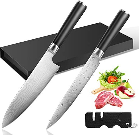 ENDIN Kochmesser, Küchenmesser Set inkl. Chefmesser- Allzweckmesser- Messerschärfer, Profi Messer aus hochwertigem Carbon Edelstahl mit Geschenkbox (3 Teiliges Set Kochmesser)