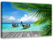 Feeby Vlies Leinwandbild Stege Meer Strand Himmel 90x60 cm Druckbild Wandbild Wanddekoration Deko Wand Aesthetic Exotische Insel Tropen Boote Blau