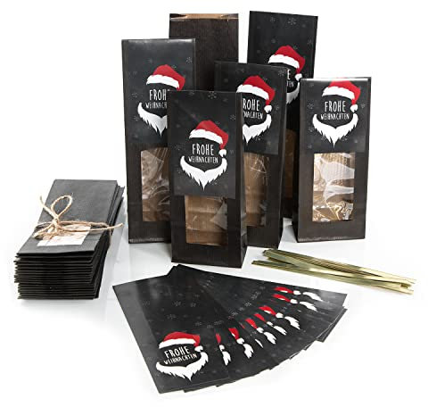 Logbuch-Verlag 25 lebensmittelechte Tüten mit Fenster 8,5 x 26,5 x 5 cm - mit Weihnachtsaufkleber - Weihnachtskekse verpacken