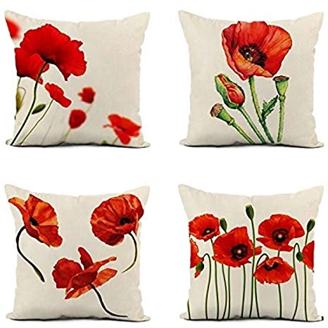 Yoonqun Kissenbezug 40x40cm 4er Set Rote Mohnblume Kissenbezüge Dekoration Outdoor Kissenbezüge Leinen Doppelseitige quadratische Dekokissen für Schlafzimmer,Sofa,Stuhl,Bett,Garten Dekokissen 16x16in