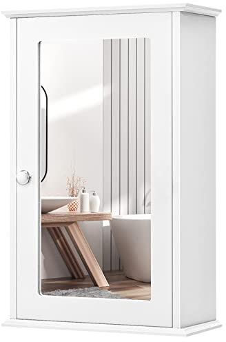 COSTWAY Bathroom Mirror Cabinet, Wall Mounted Storage Cupboard with Single Door and Adjustable Shelf, Wooden Medicine Cabinet Organiser Unit for Living Room Kitchen Hallway (White)