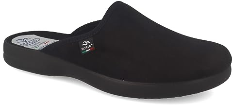 Fly Flot | Classic Man, Herren-Strick-Hausschuhe, Pantolette mit Velours-Obermaterial, Mikrofaser-Fußbett, Schwarz , 40 EU
