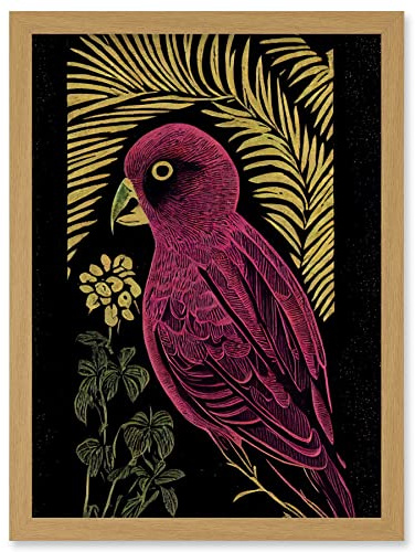 Wee Blue Coo Pink Parrot Bird Black Gold Tropical Plants Modern Vintage Linocut Illustration Artwork Framed Wall Art Print A4