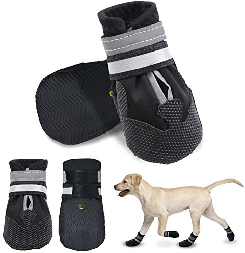 Dricar Hundeschuhe Pfotenschutz, 4 Stück Atmungsaktive Hunde Schuhe Outdoor Sommer, Anti-Rutsch Hundestiefel mit Rutschfester Sohle für Kleine, Mittlere und Große Hunde, Schwarz L