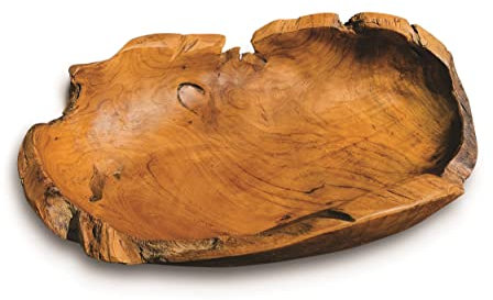 MAISONICA Long Teak Oval Root Bowl Rustic Wood Handcarved Handmade Gift 45cm