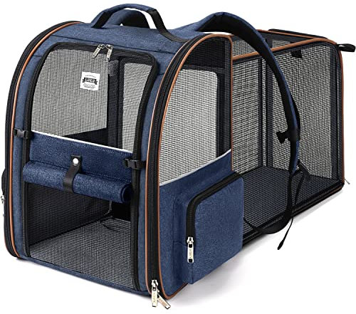 Lekespring Erweiterbar Katzenrucksack Hunderucksack für Katzen Hunde bis 8kg, Groß Katzen Rucksack Faltbare Haustier Rucksack mit Innerer Sicherheitsleine und Haustiermatte, Blau