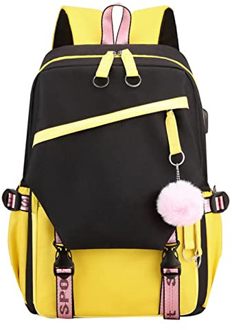 Teenage girls' Backpack Middle School Students Bookbag Outdoor Daypack With USB charge Port (5# Yellow, 19 Liters)