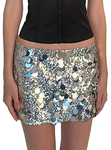 Yassiglia Damen Rock Kurz Paillettenrock Sexy Minirock Glänzend Bleistiftrock Elegant Sommerrock mit Pailletten Bodycon Glitzer Rock für Party Club Fest (Silber, S)
