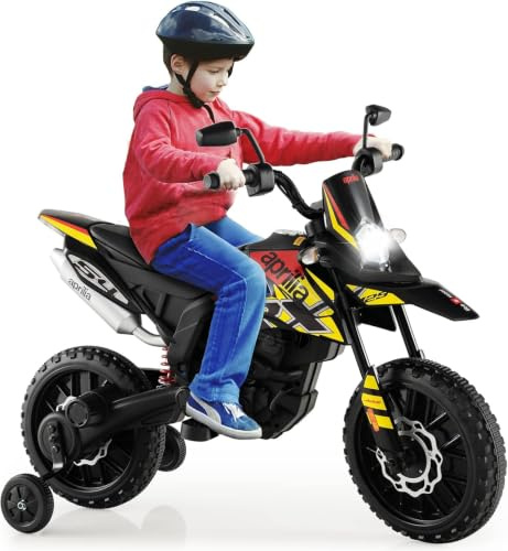 RELAX4LIFE 12 V Moto Elettrica RX125 per Bambini, con 2+2 Rotelle, 5,5-6 km/h, Luci,Musica,Fari, Marcia Avanti, Carico Max 25 KG (Giallo)
