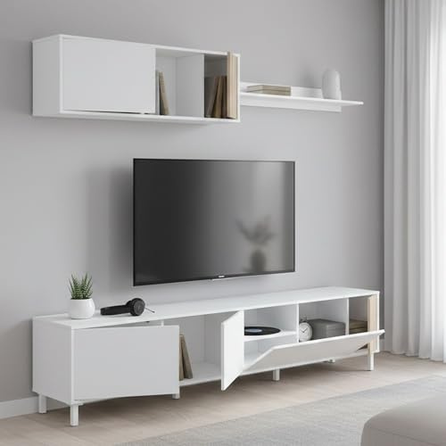 Dmora - TV-Schrank Woonsocket, Wohnzimmerschrank mit Türen, Hängeschrank mit Regal, Mehrzweck-Sideboard, 200 x 40 x 47 cm, Weiß und Eiche