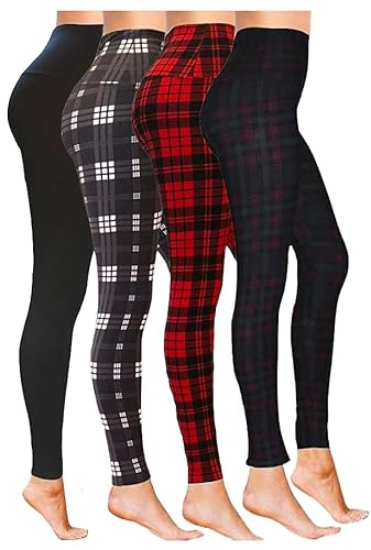 Luxleg High Waisted Stretchy Squat Proof Ankle Length Comfortable Leggings Pack (S-M, 4 Pack (Red Plaid, Black, Dark Plaid))