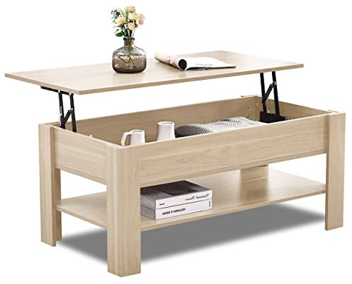 Lift Top Coffee Table with Storage, Coffee Table for Living Room, Wooden Coffee Table, Large Hidden Storage Rectangular Lift-Top with 1 Shelf Sofa End Tea Table Oak 120x60x(49.5-62.5) H cm